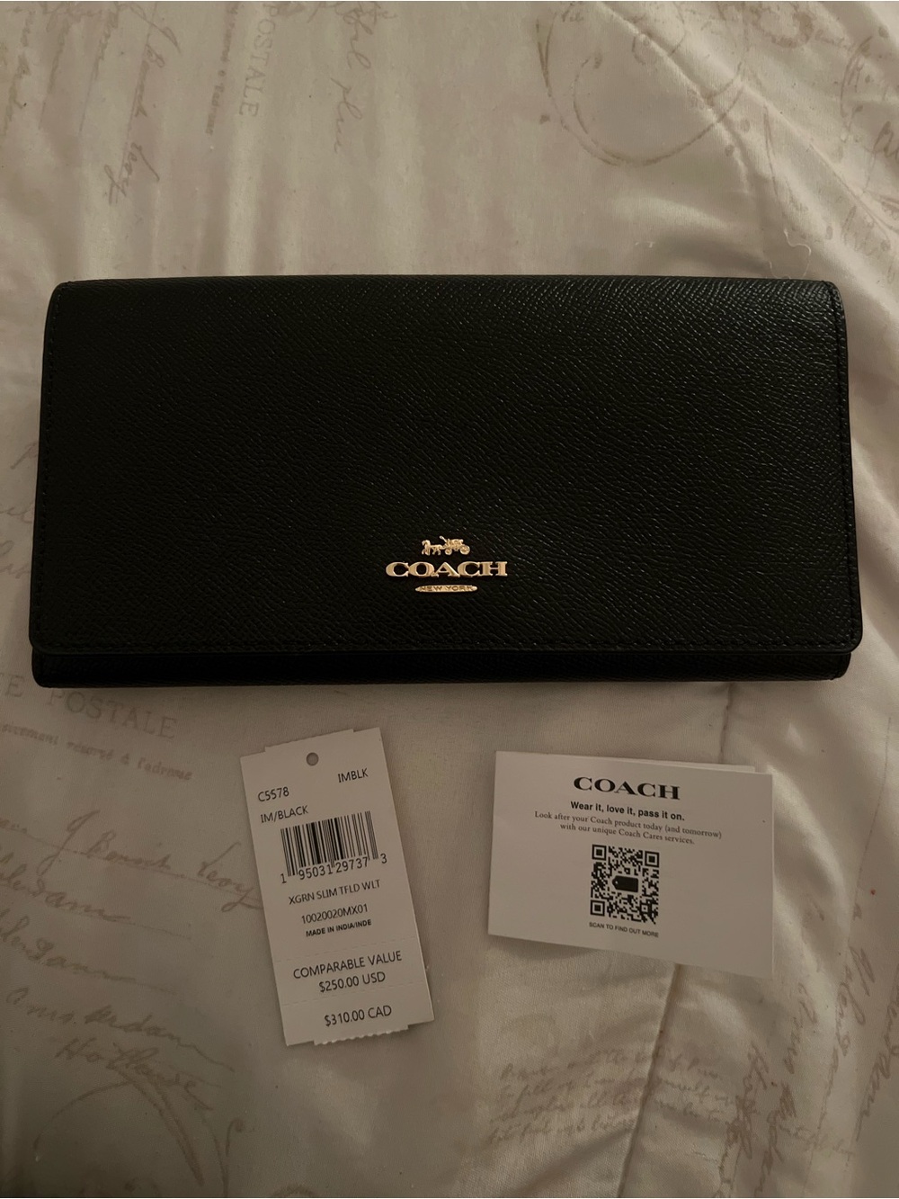 Coach Slim Black Trifold Pebbled Leather Long Wallet with Gold Logo